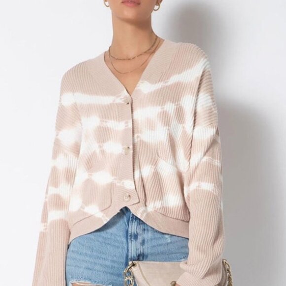Tart Collections Cardigan Sweater Womens L Beige Tie Dye Button Cropped Slouchy - Picture 1 of 14